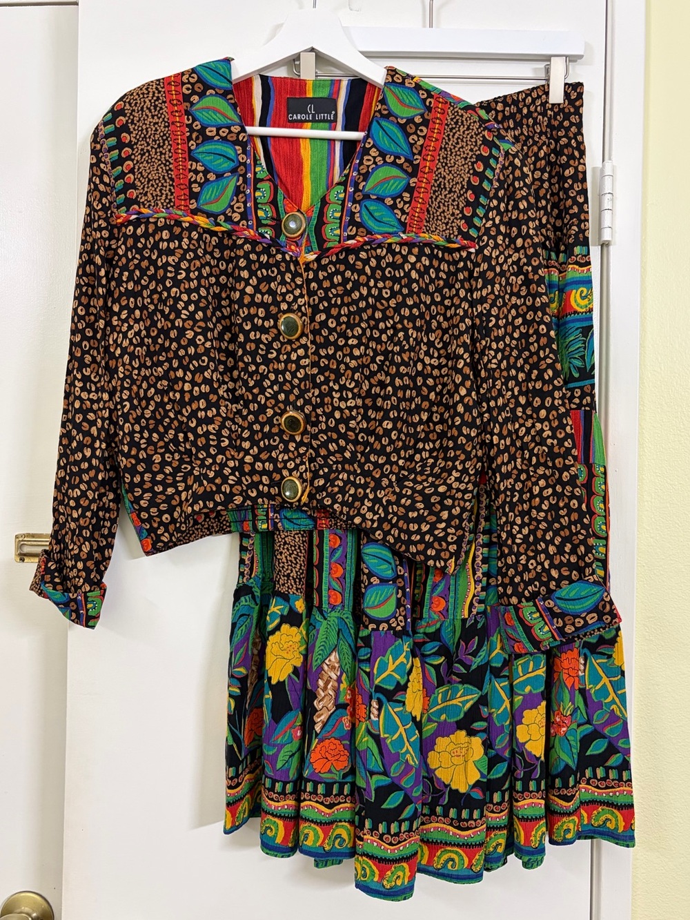 Vintage Carole Little 2 Piece Midi Skirt Cropped Top Set Rayon Gauze Boho Sz 10